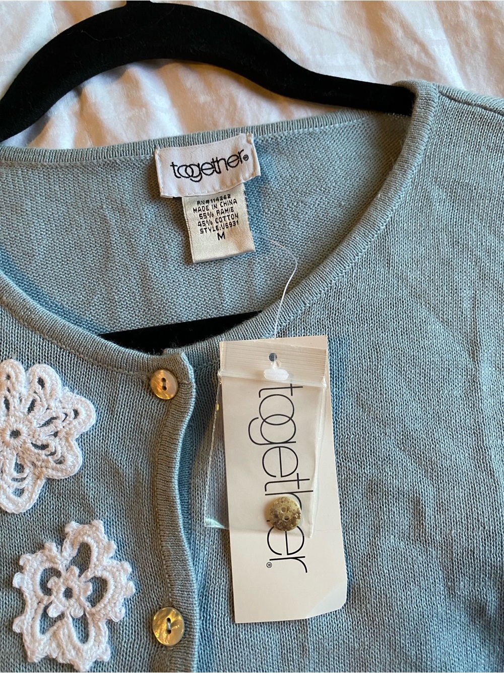 Together Light Blue Cardigan with White Crochet Flowers